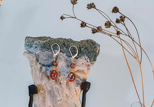 Miniatura 4 de LTC Designs Aretes de cierre de palanca rellenos de oro de 14 quilates con gotas de cloisonne floral rojo vintage para mujer, aretes unisex