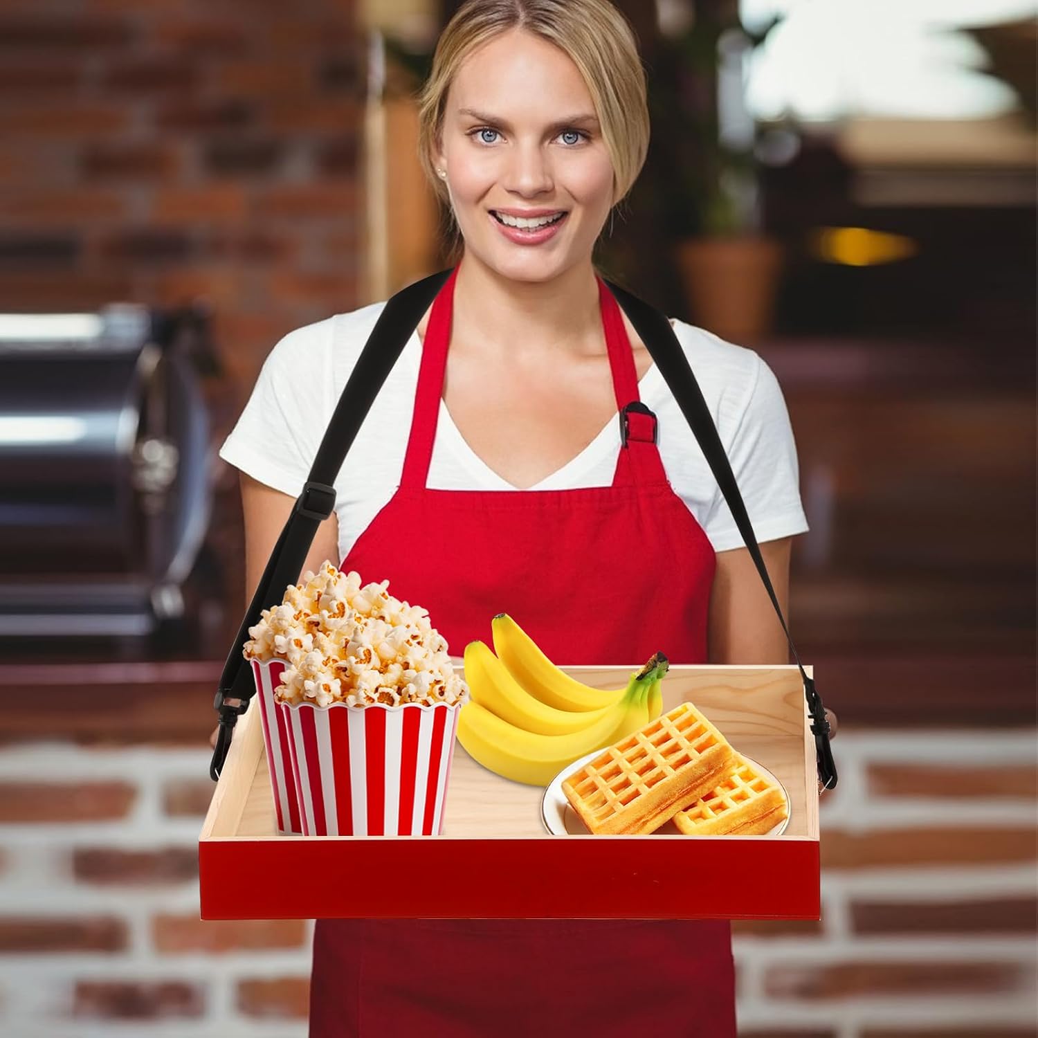 2 Pack Wooden Snack Trays with Strap,15.7 x 11.8 x 2.2 Inch Red Snack Tray, Movie Snack Trays,Snack and Beverage Carrier Party Tray Snack for 20's Theme Costume Accessory Prop Adult Carnival