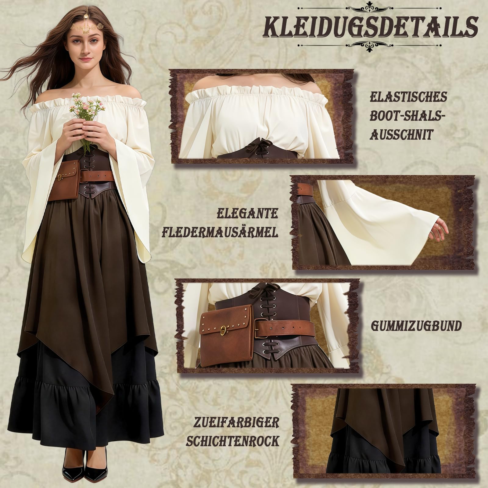 Mittelalter Kostüm Damen, Mittelalter Kleidung Damen Renaissance Kleid Erwachsene Set mit Corsett, Gürteltasche und Gürtel, Viktorianisches Kostüm für Karneval Halloween