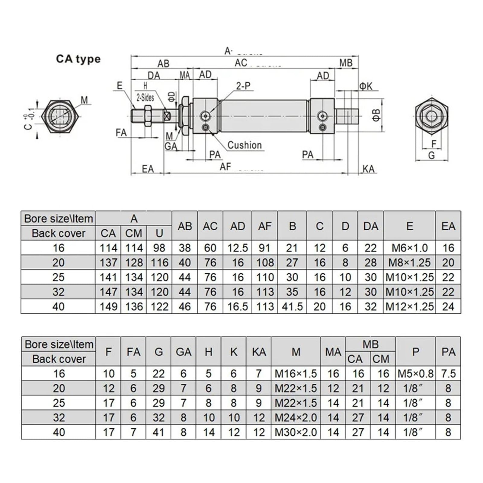 Pneumatikzylinder aus Edelstahl MA32mm, Innendurchmesser 25–500 mm, mit Magnet(400)
