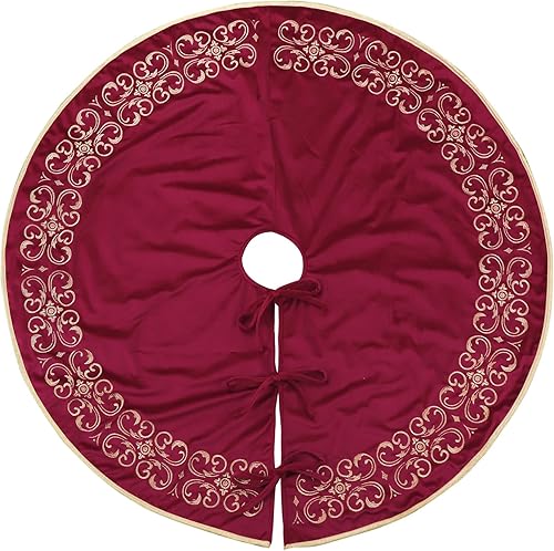 Miniatura 2 de Falda de árbol de Navidad, 36 pulgadas, clásica de piel de terciopelo grande, falda de árbol rojo y borgoña, faldas de árbol barroco con patrón de