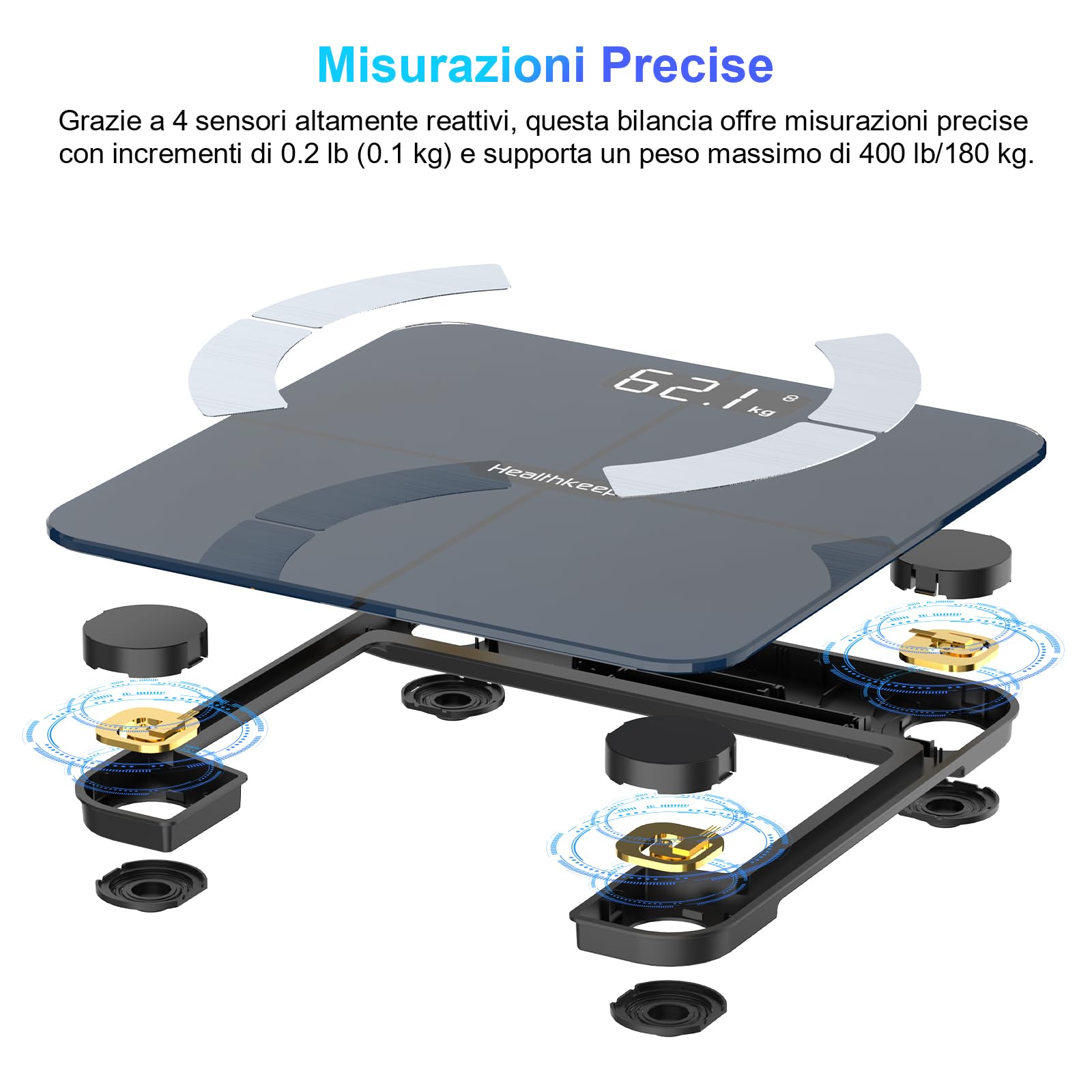 Healthkeep Bilancia Pesa Persona, Bilancia connessa Bluetooth Impedenzimetro Pesa Persone Alta Precisione con 13 Analisi della Composizione corporea App Inclusa, Capacità 180kg/400lb, 28x28cm
