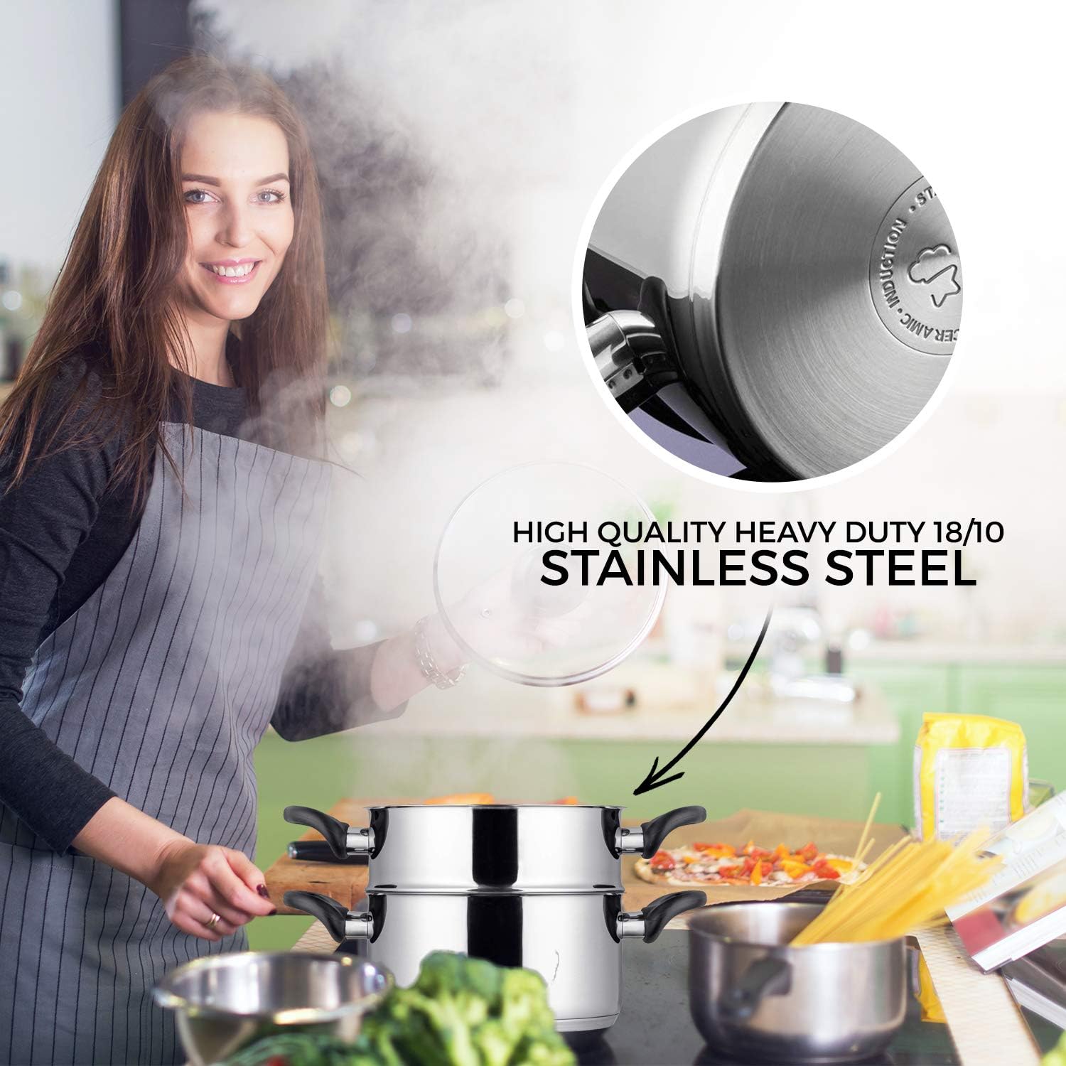 Chef's Star Stainless Steel Cookware, 2 Quart Steamer Basket Set