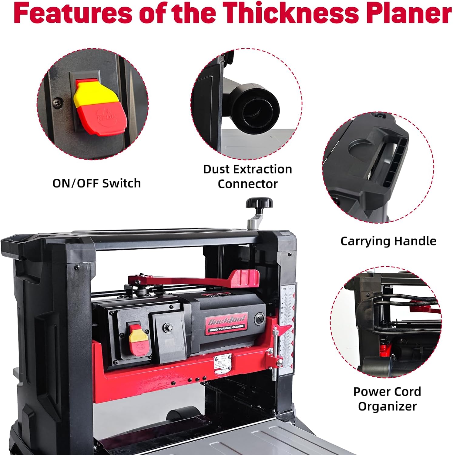 Bucktool 13-Inch Benchtop Thickness Planer, 15A Low-Noise Motor with Automatic Speed Adjustment, Depth Stop & Thickness Scale for Woodworking