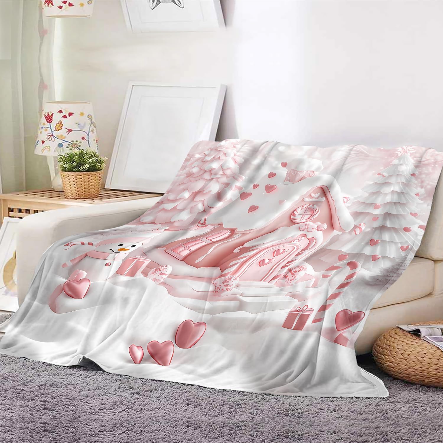 Christmas Throw Blanket for Couch Bed Sofa, Pink Gingerbread House with Snowman Heart Candy, Soft Cozy Lightweight Holiday Winter Fleece Blanket Christmas Decor Xmas Gifts 60''x80'' (Xmas 2)