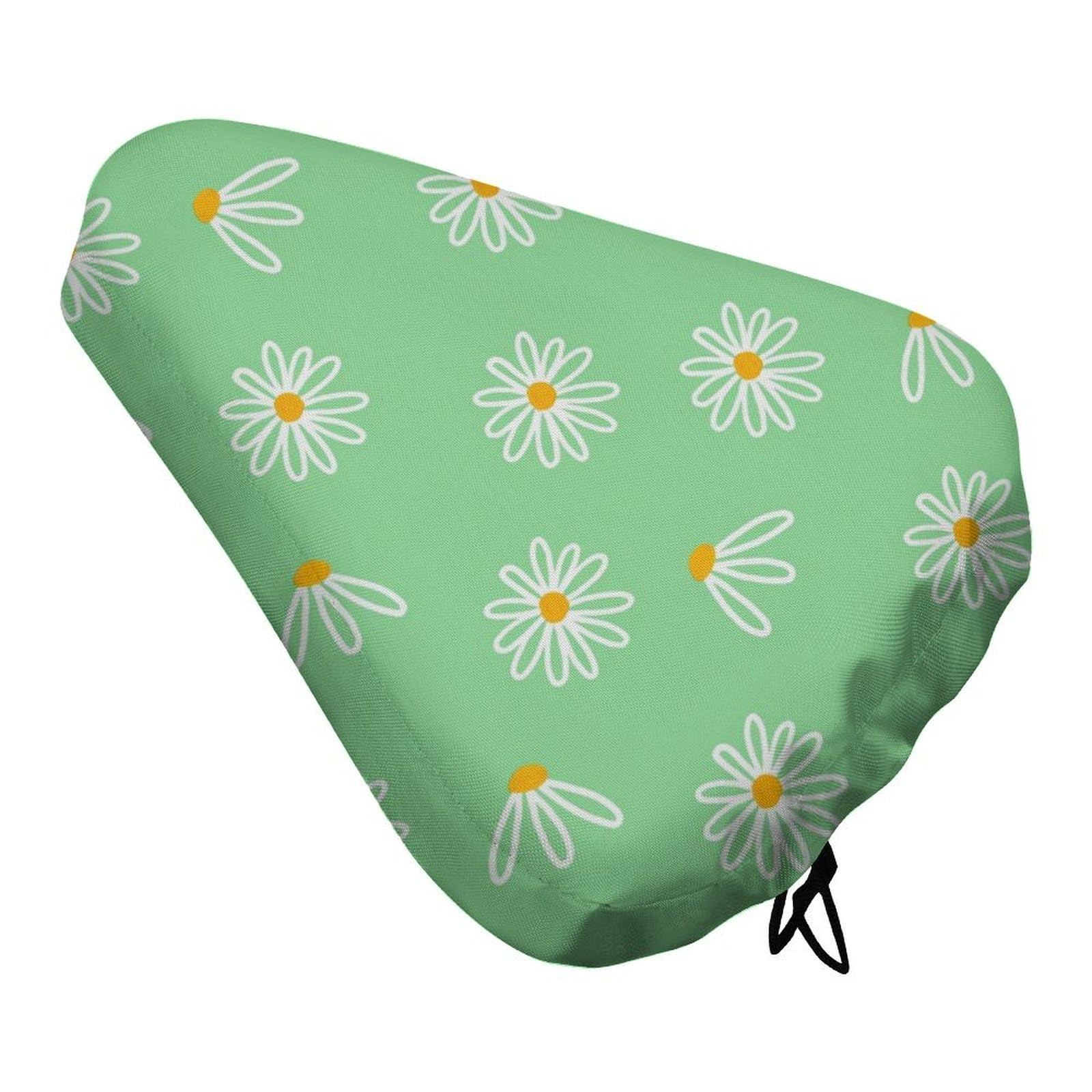 Treer Bike Seat Cushion Covers Waterproof, Daisy Outdoor Bicycle Saddle Rain Dust Cover with Elastic, Non-Slip Bicycle Seat Protector Shield for Journey and Travel (Green flower,4PCS)