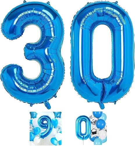 Globo azul del número 30 de 40 pulgadas, globos grandes de Mylar para hombres de 30 años, decoraciones de fiesta de cumpleaños, bodas, aniversarios,