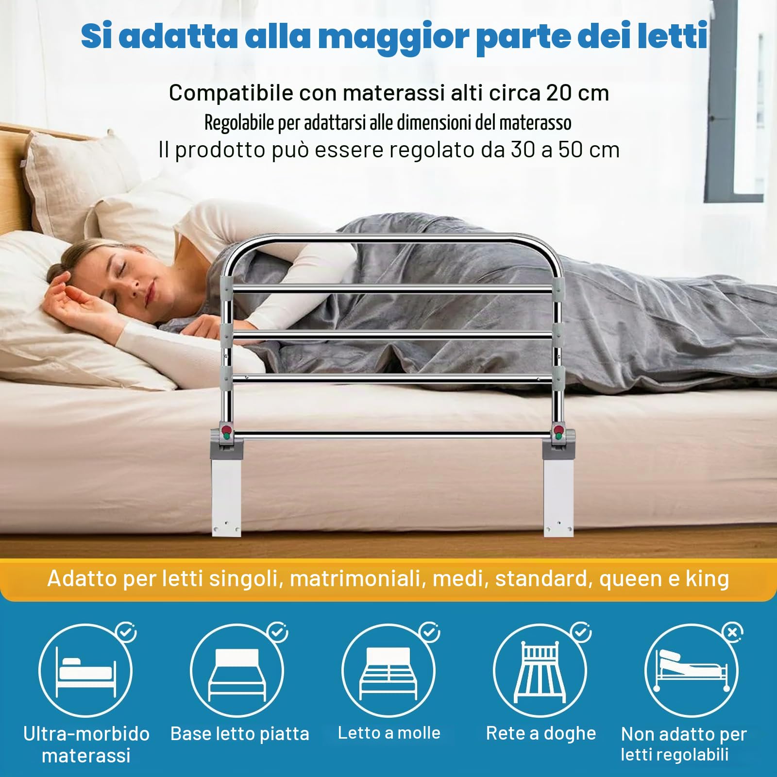 Sponde per letto per anziani e adulti, pieghevole, 90 x 50 cm, guide di sicurezza laterali per letto, per anziani, adulti, disabili, per letto king size, queen size, full e twin