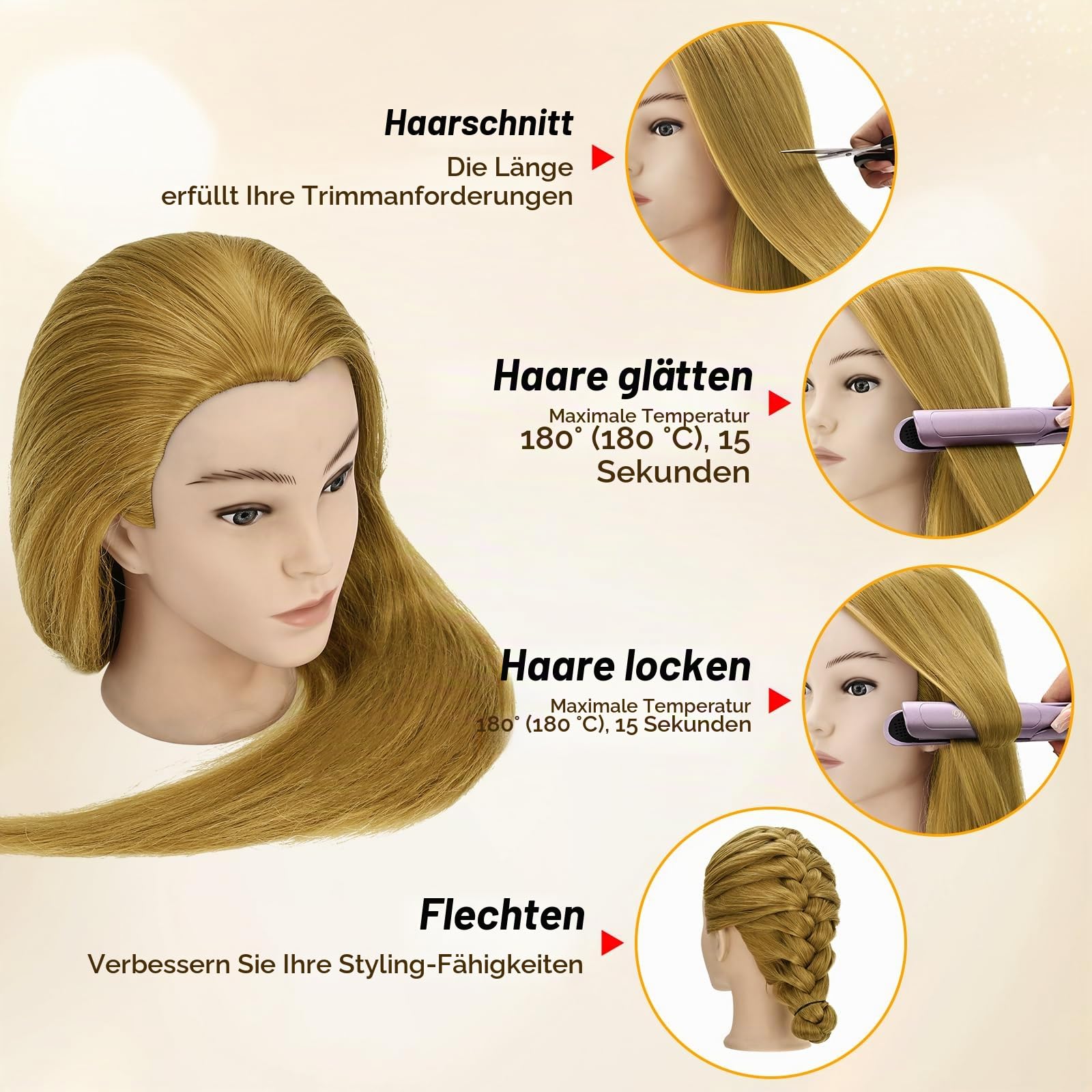 Frisierkopf Echthaar mit Stativ, Trainingskopf mit 90% Echthaar 61cm/24inch, Schaufensterpuppe Kopf Übungskopf, Frisieren Kosmetologie Puppe Kopf mit Tischklemme Halter und Friseur-Werkzeug-Set
