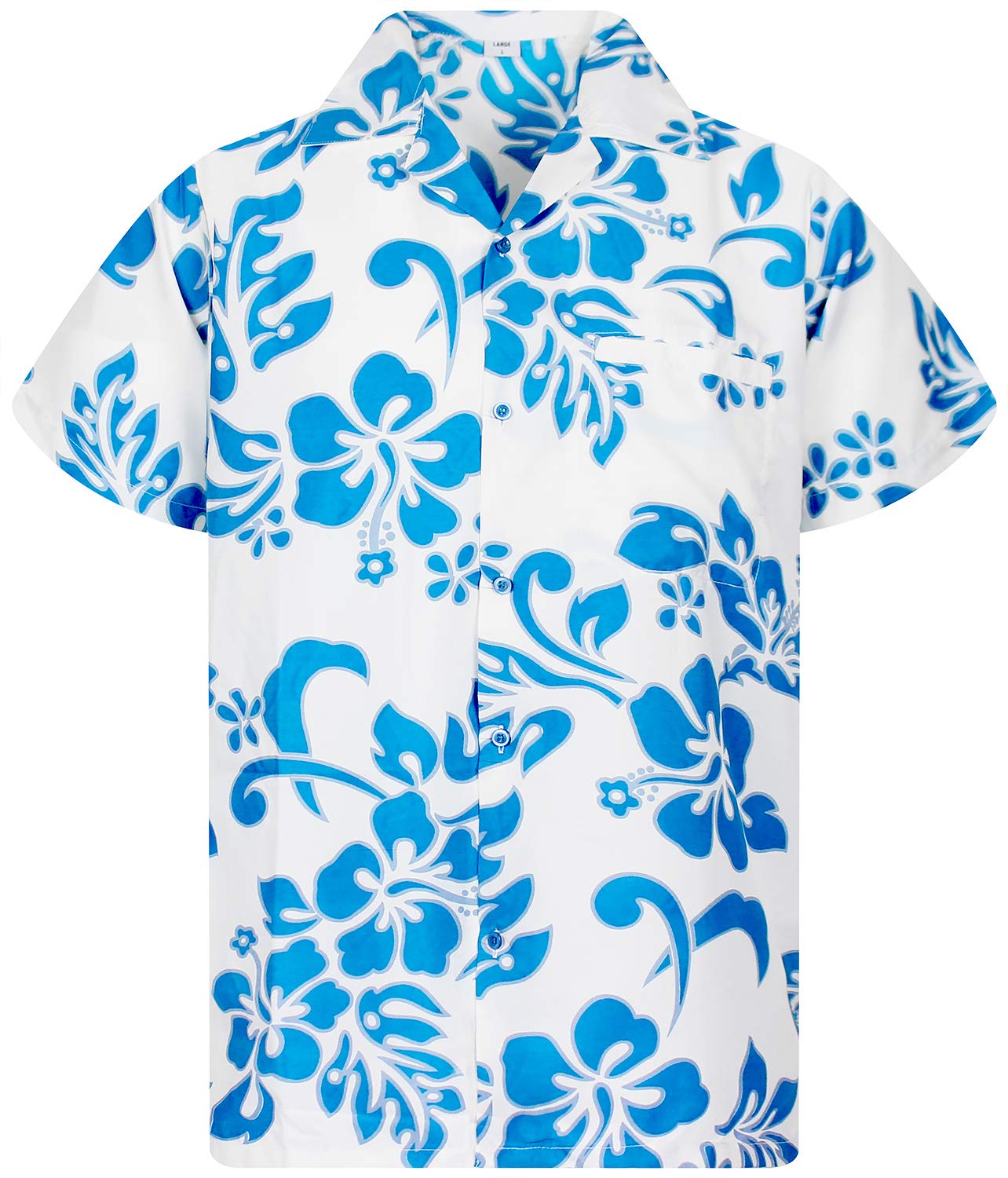 V.H.O. Funky Hawaiian Shirt, Shortsleeve, Hibiscus, White-Turquoise, XL