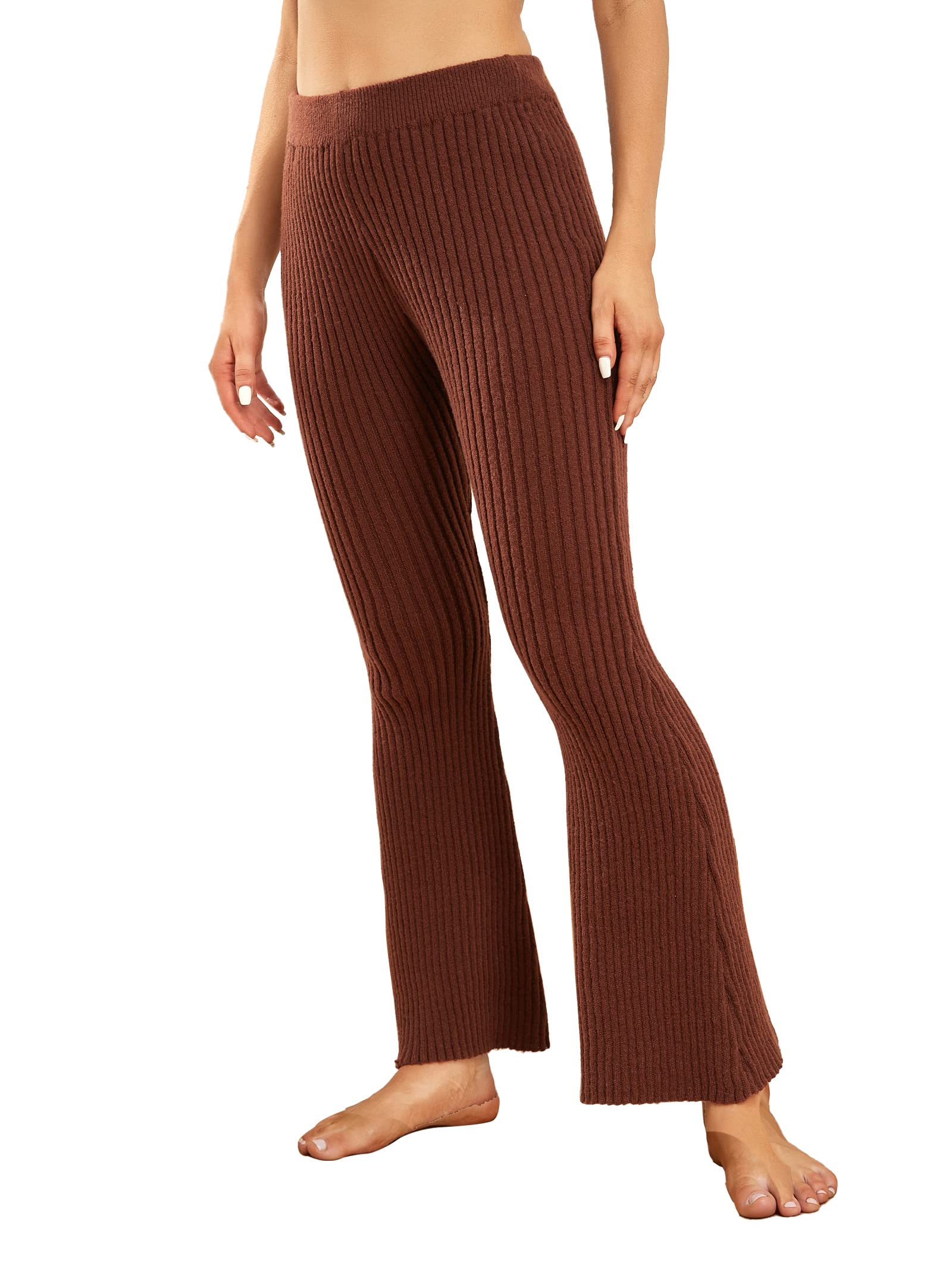 Famulily Womens Ribbed Knit Sweater Trousers Soft Stretchy Flared Trousers Elastic Waist Casual Pants Lounge Wear