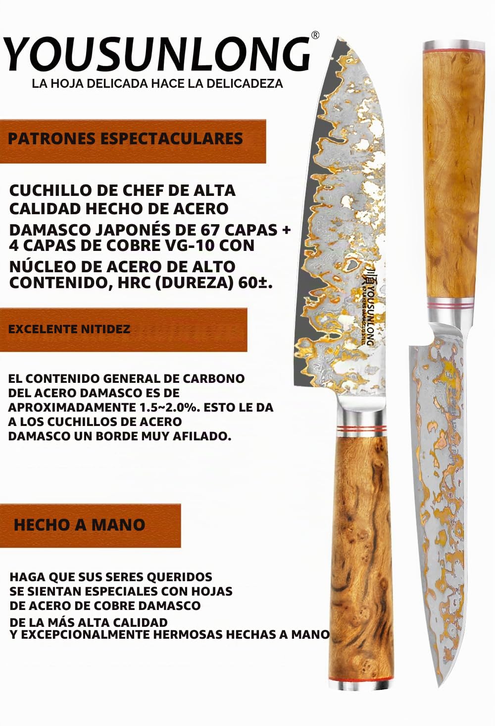 YOUSUNLONG Cuchillos de Chef Damasco - Hoja de Acero Damasco Cobreado de 168mm hecho a mano en Japón - Cuchillo de Cocina Profesional Afilado como una Navaja - Mango de Madera Naturel Burl con Cuero