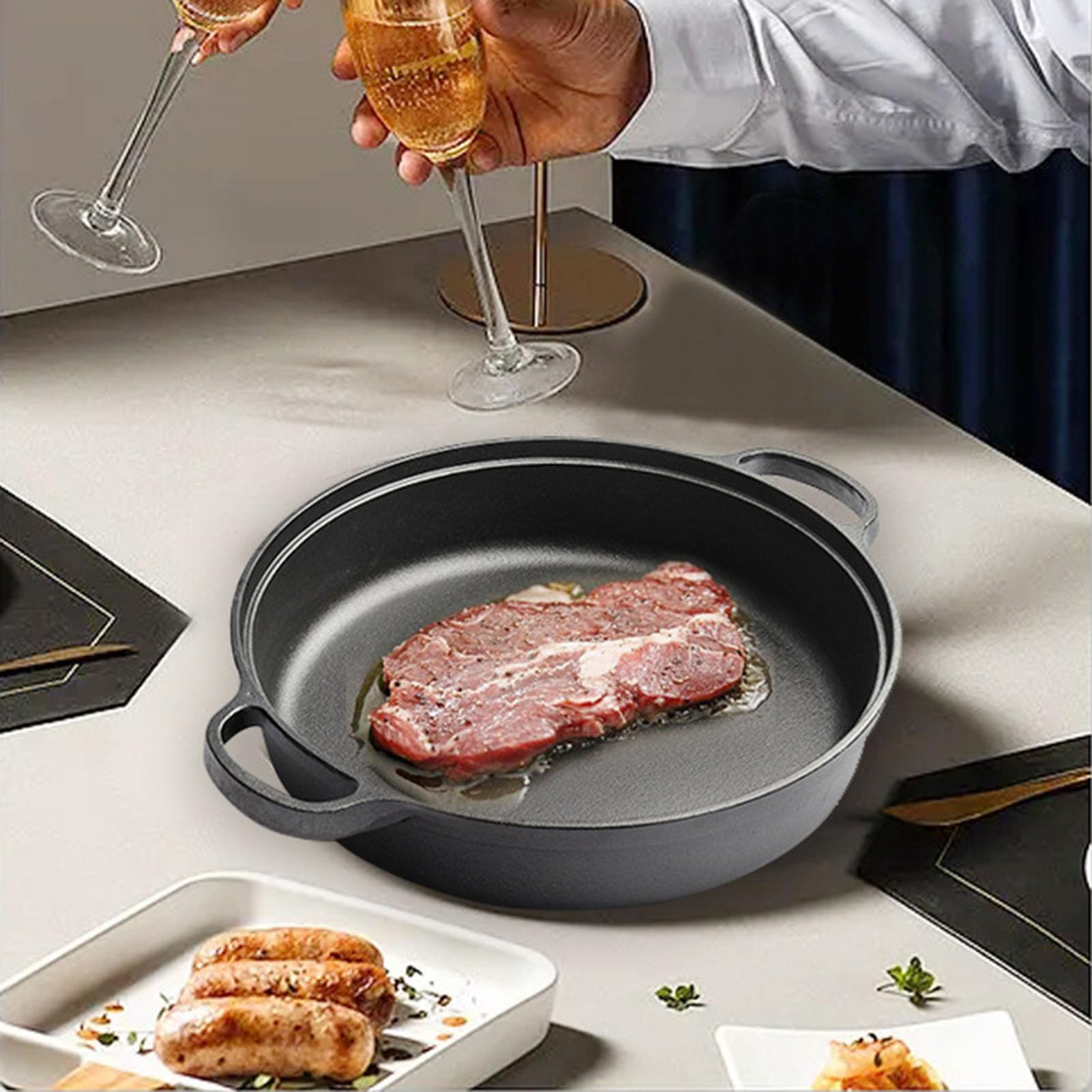 Sukiyaki Hot Pot, nieprzywierająca patelnia żeliwna, głęboka patelnia z drewnianą pokrywką, do Shabu Shabu, 28 cm