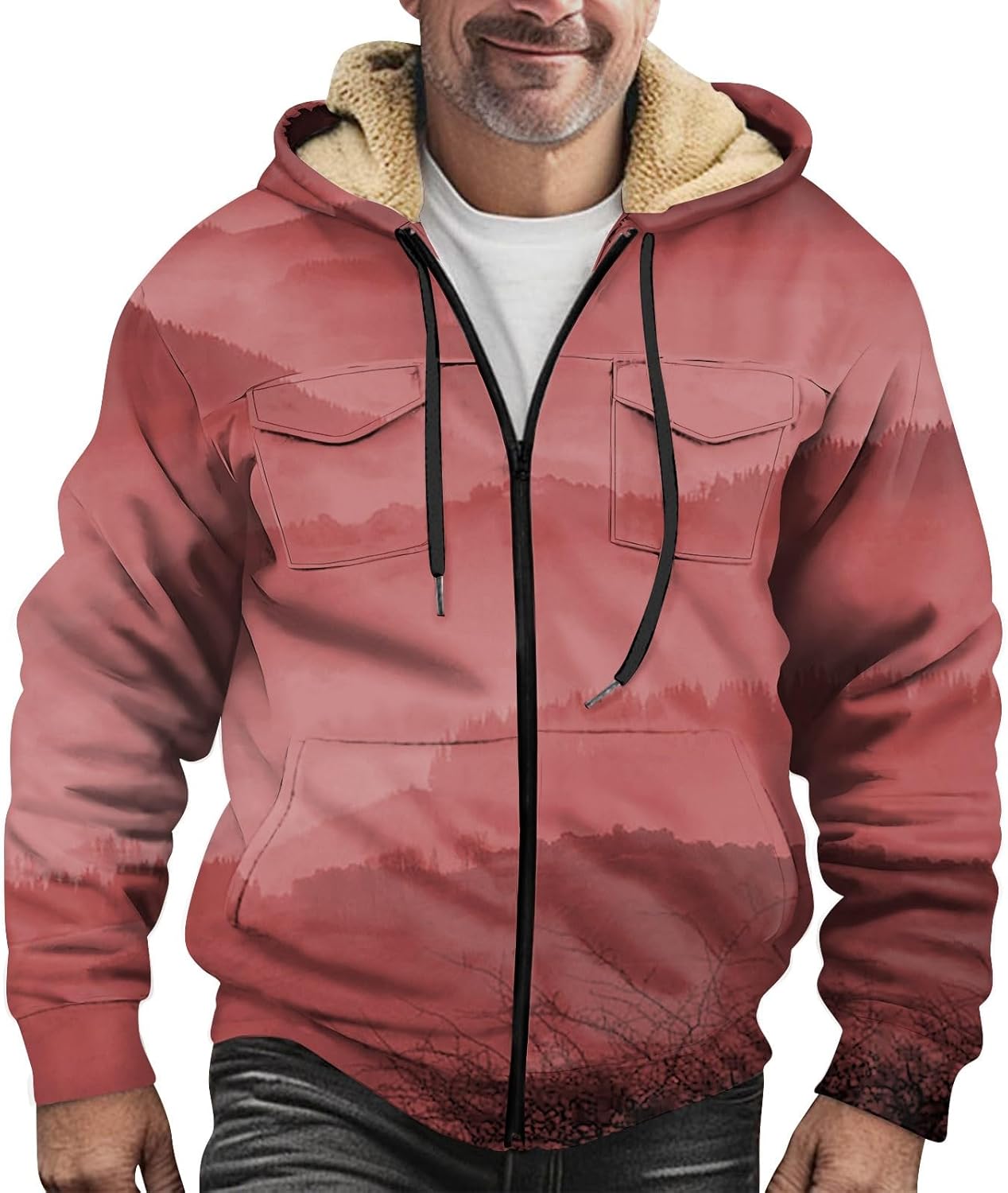 Hoodie Men Western Full Zip Up Hooded Sweatshirts Fleece Lined Striped Jackets Streetwear Fall Sweatshirts With Pocket