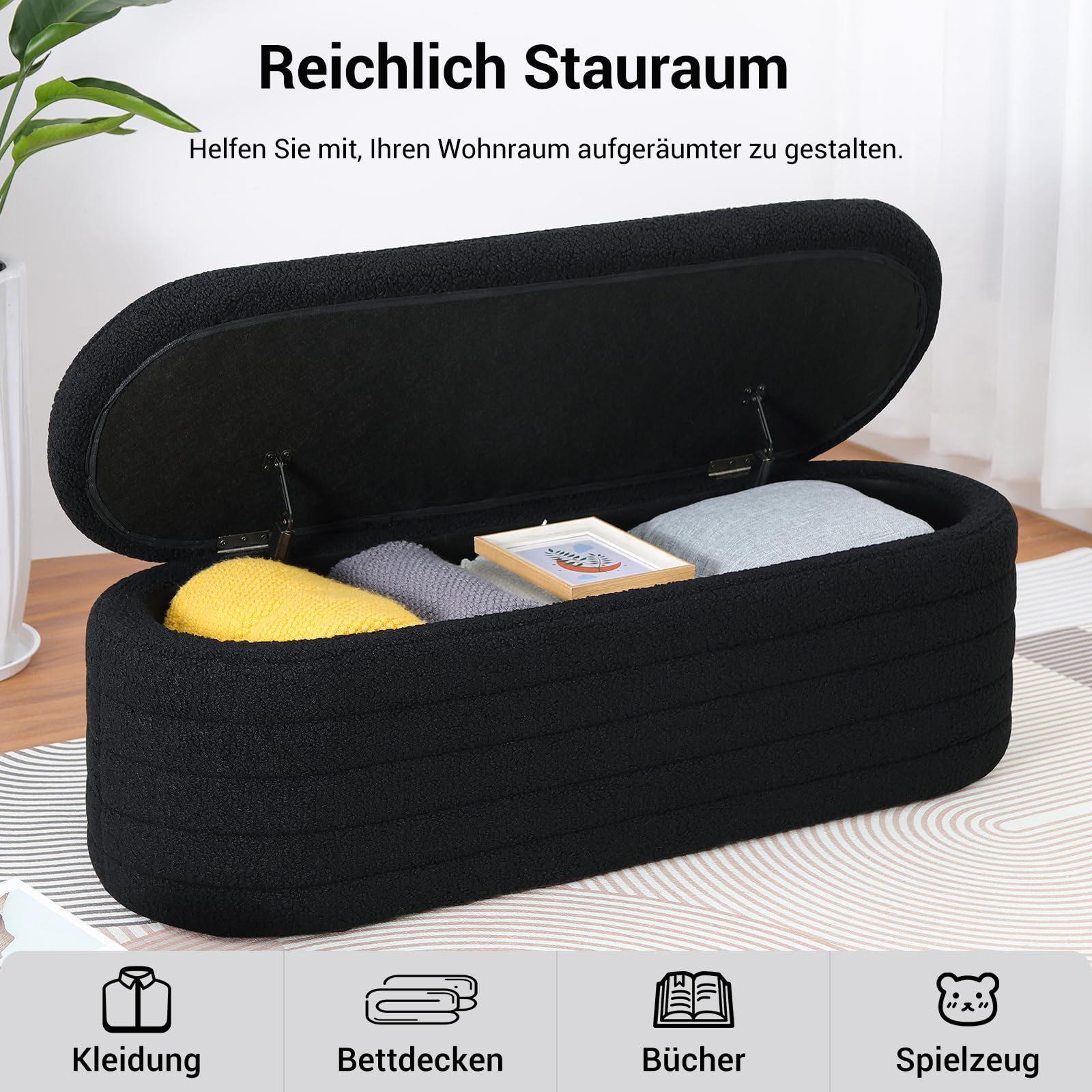 Sitzhocker mit Stauraum, Teddystoff Bank mit Stauraum，Moderner Sitzbank Schlafzimmer, Polsterbank für Wohnzimmer, Flur (Schwarz 117x41,5x40 cm)