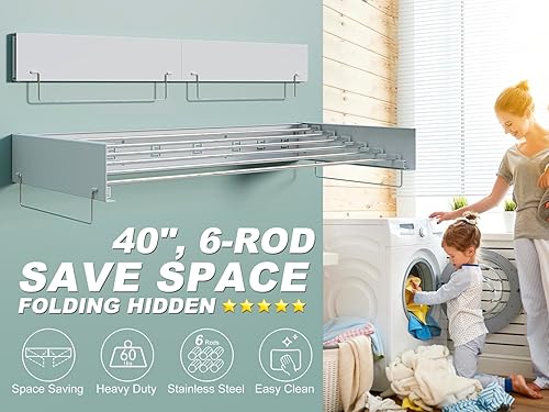 Miniatura 9 de SKIKEN Estante de secado oculto para lavandería, montado en la pared, estante de secado plegable, maestro de ahorro de espacio, delgado y extraíble,