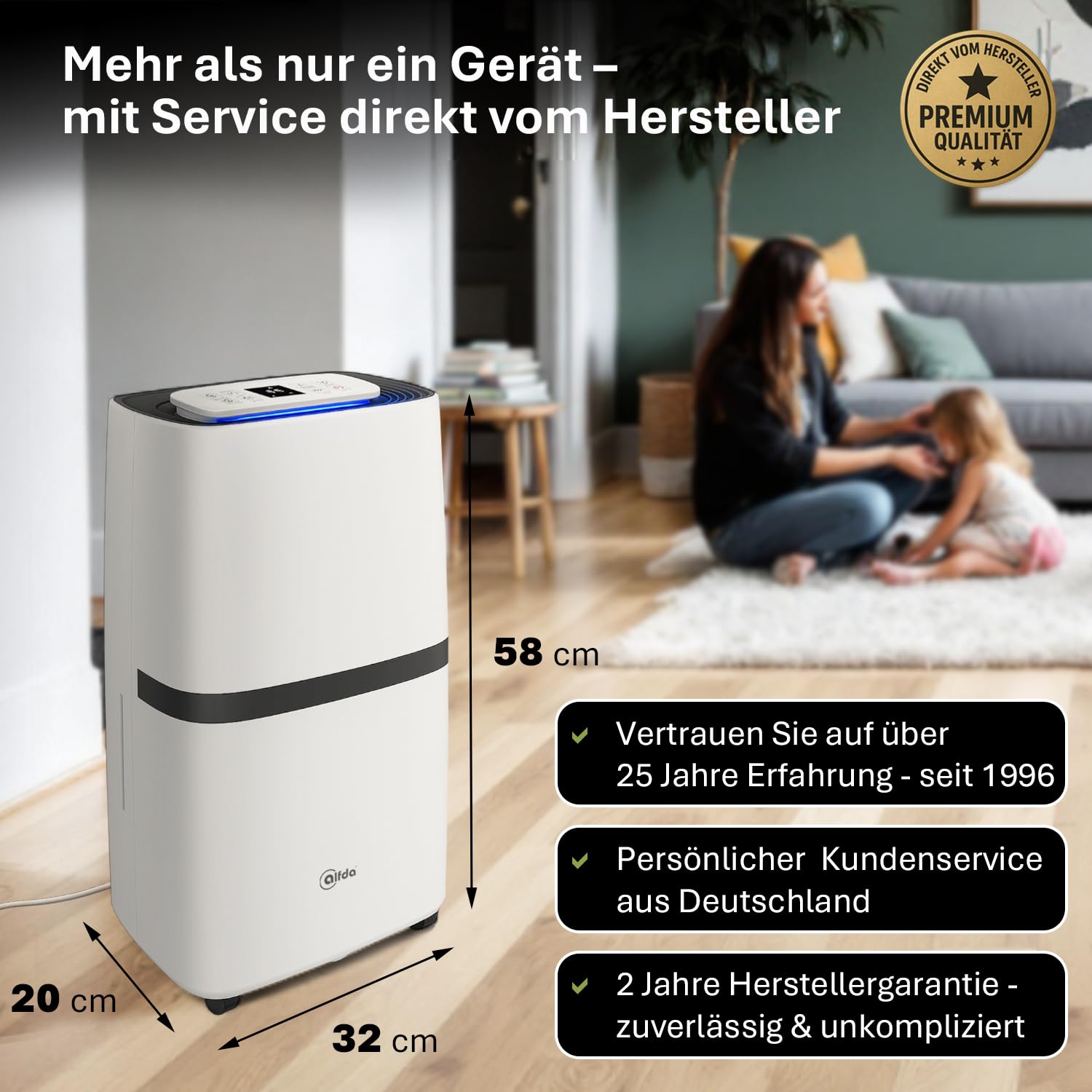 alfda AEF2000 Luftentfeuchter elektrisch 20 L Tag | 20 L Tag, bis 30m², Abschaltautomatik, Hygrostat & Touch-Display, für Schlafzimmer & Badezimmer