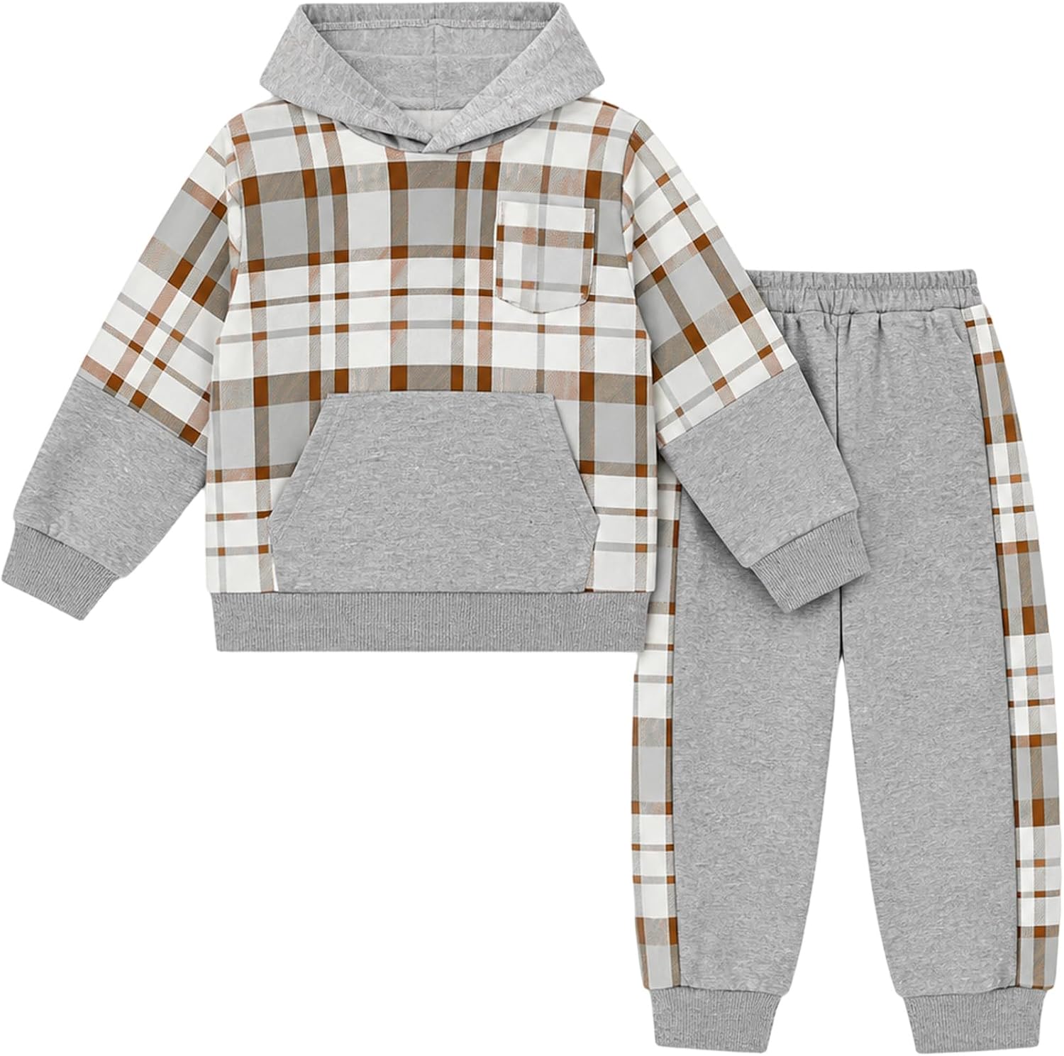 Boys Hoodie Tracksuit Set for School Plaid Sweatshirt & Joggers