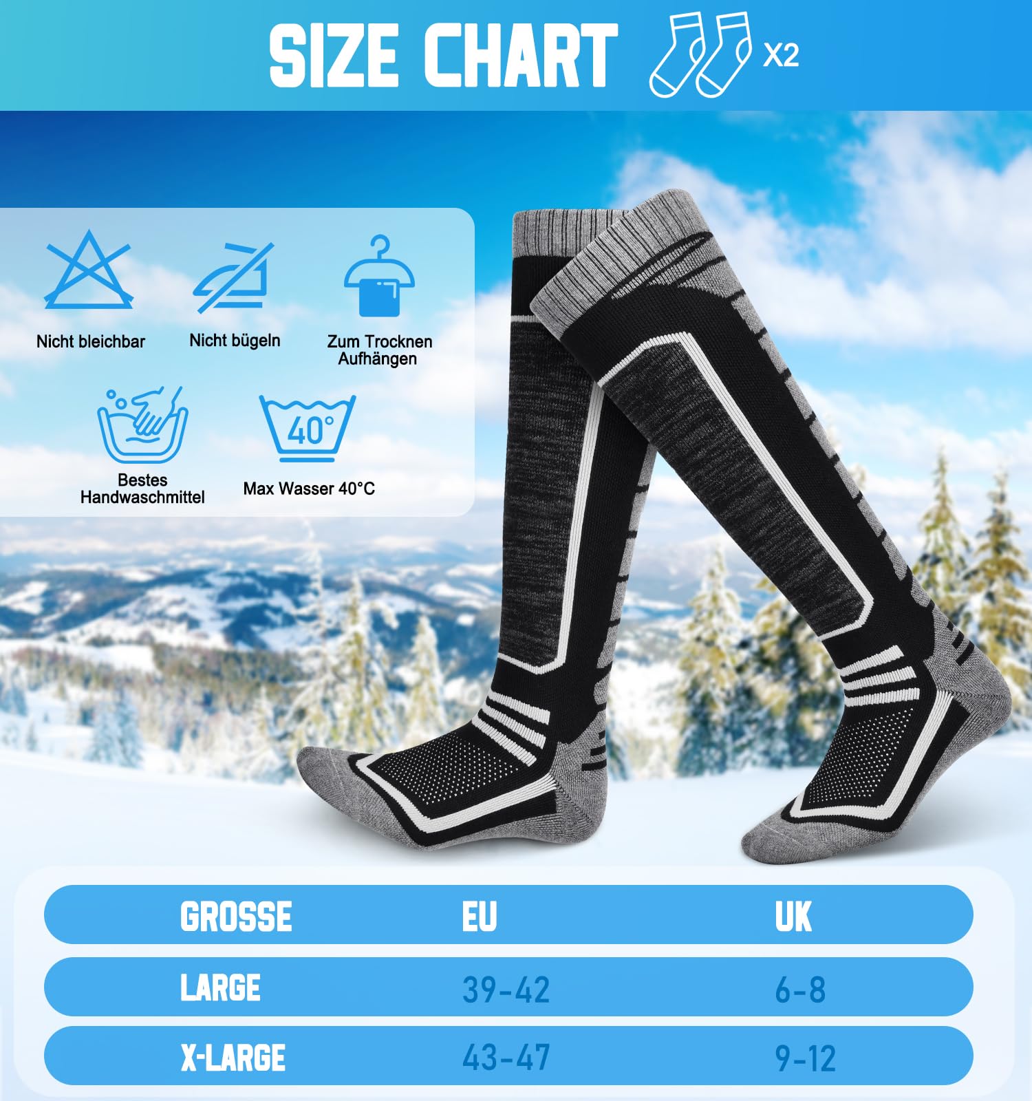 LUROON Chaussette de Ski en Laine Mérinos pour Homme, 2 Paires Longues Thermique Chaussettes Hautes Chaussette Chauffe-Pieds pour Sport Cyclisme Randonnée Ski
