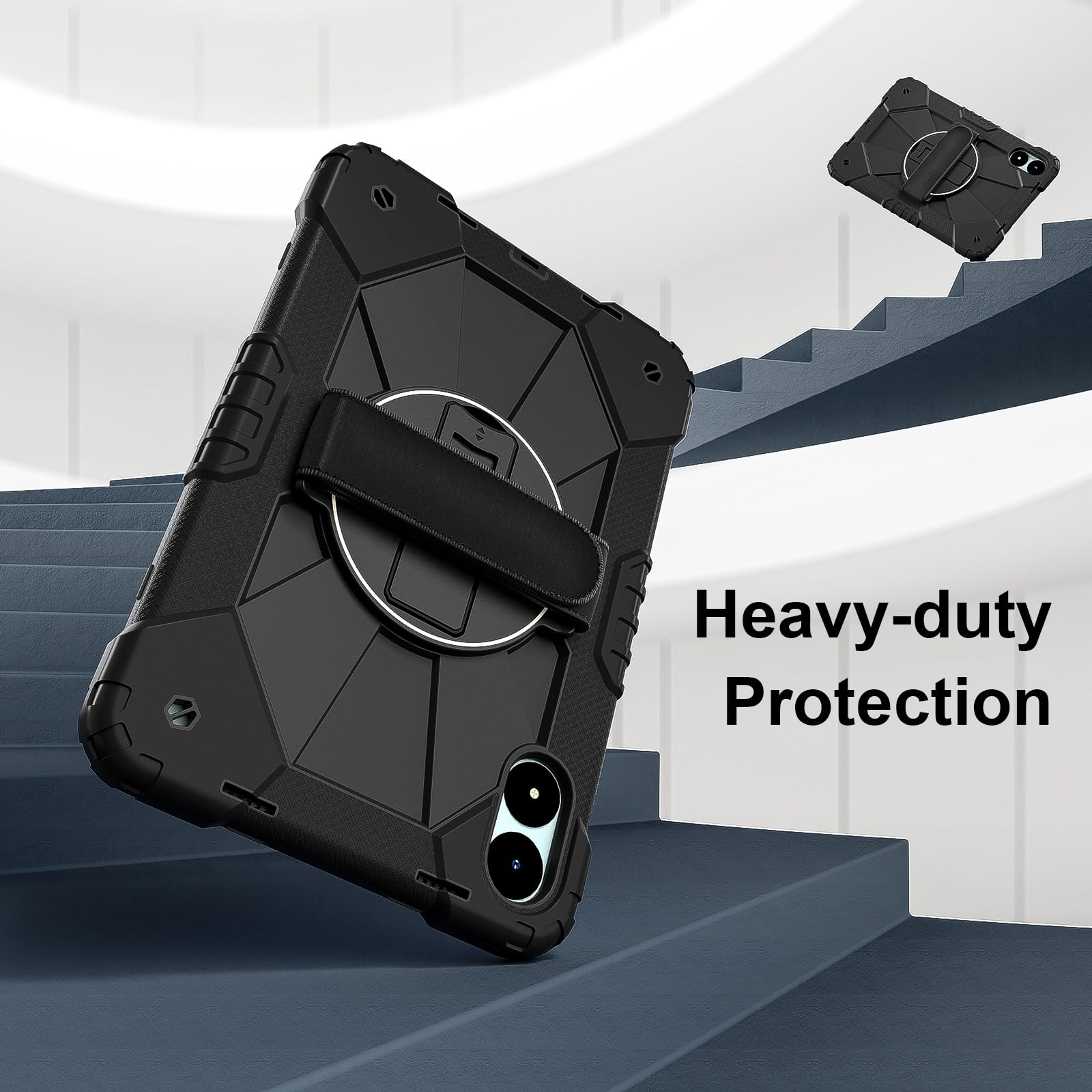 Kompatybilny z Xiaomi Poco Pad 12.1 2024/Redmi Pro Etui dla dzieci odporne na wstrząsy, [podpórka] [pasek ramię] Obrotowy o 360 stopni pasek rękę Uchwyt stojaka Wytrzymała, solidna obudowa(Noir)