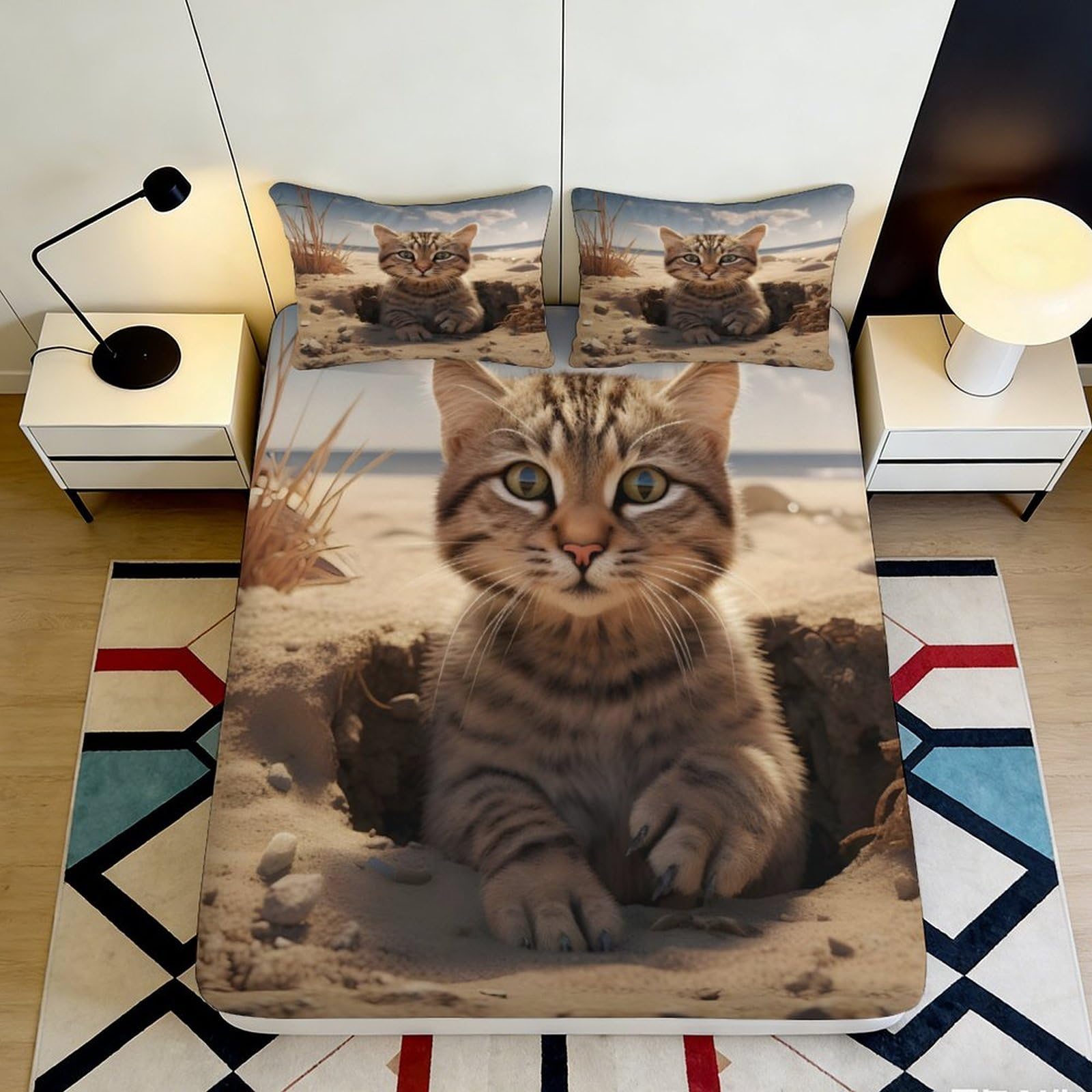 3D Printed Brown Tabby Cat Fitted Sheet Microfiber Soft Bedroom Decor Realistic Kitten Bed Cover for Home Dorm Room 90x200x25cm