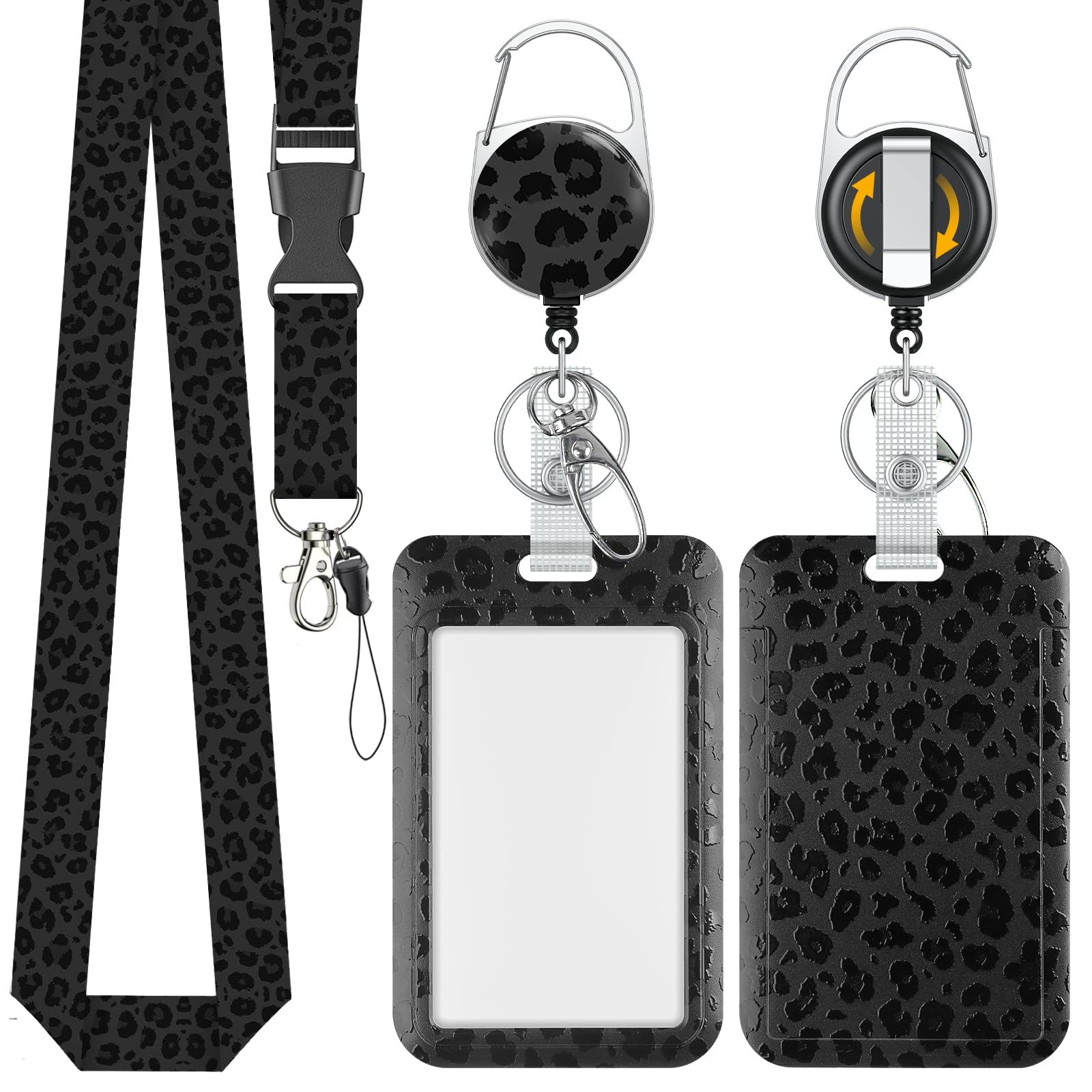 Uniclife Fashionable Sliding Badge Holder Black Leopard Print Plastic Card Holder with Retractable Badge Reel Carabiner & Detachable Lanyard Vertical Card Protector for Office Worker Teacher Student — image 1