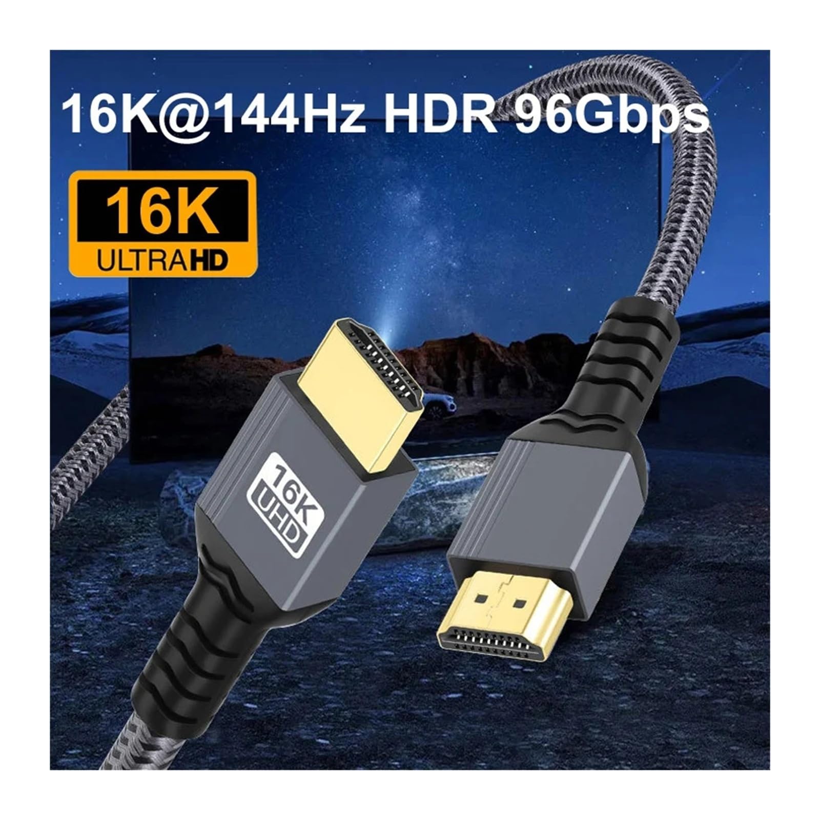 Câble HDMI 2.2 16K À 144 Hz (8K À 60 Hz, 96 Gbit/s, EARC, HDR, Tressé, 0,5 M-2 M) – Compatible Avec HDTV/ordinateur Portable/PS5, For Jeux/visualisation.(2m)