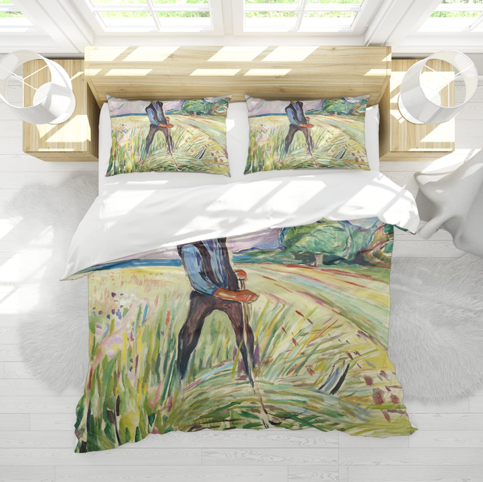 Edvard Munch Art komplet pościeli, styl wiejski, 3-częściowy zestaw pościeli, wygodna poszewka na kołdrę, 2 poszewki na poduszkę 230 x 220 cm