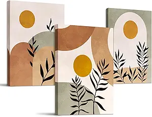 SERIMINO Botanical Wall Art, Boho Canvas Wall Decor for Living Room, Set of 3, Minimalist Orange Sun Artwork Paintings Wall Decor for Bedroom, Office,12 x16 inch