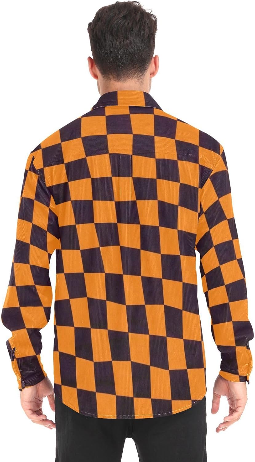 Orange and Black Checkered Plaid Woolen Cord Fabric Mens Rugby Shirts Long Sleeve for Women Outdoor with Pockets