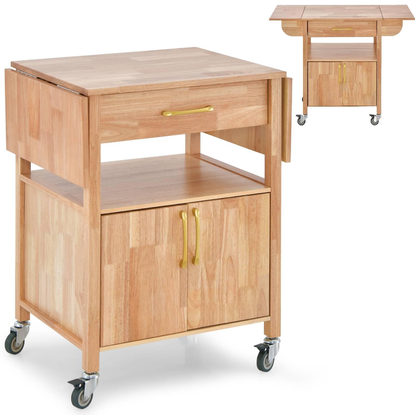 COSTWAY Drop Leaf Kitchen Storage Trolley, Kitchen Island on Wheels with 2-Door Cabinet, Drawer and Open Shelf, Rolling Serving Storage Cart for Living Dining Room