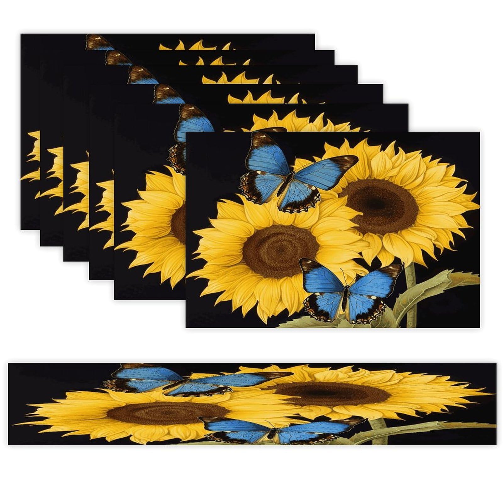 Yellow Sunflowers with Blue Butterflies Table Runner and Placemats Set of 6 for Kitchen Washable Table Mats Heat Resistant Place Mats Non-Slip Place Mat Wipeable Placemat(6 Placemats+1 Table Runner)