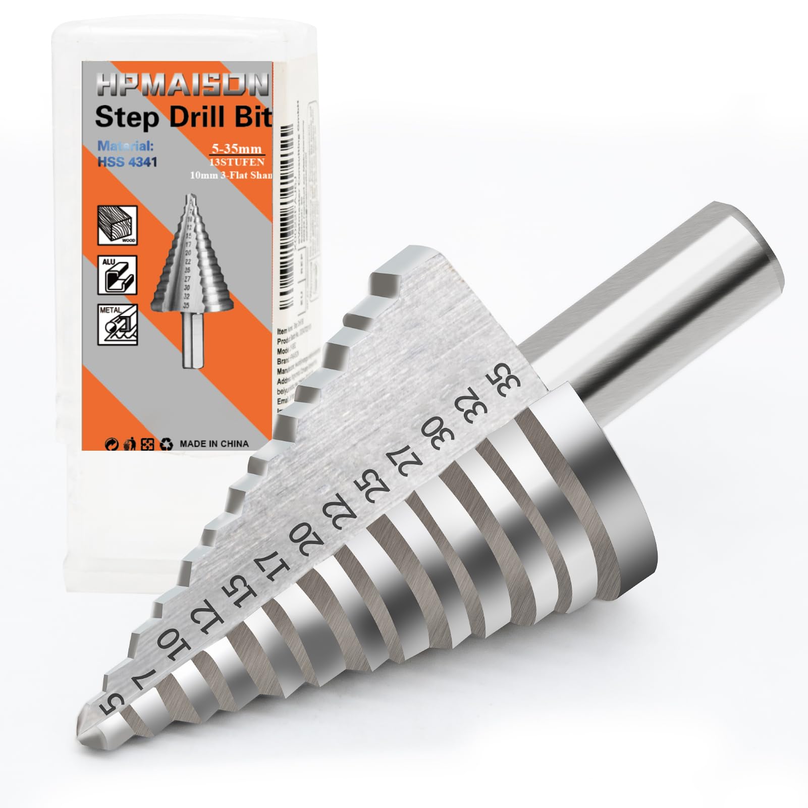 HPMAISON Broca escalonada HSS 4341, 10 mm, vástago de 3 planos, acero de alta velocidad (diámetro 5 – 35 mm, 13 niveles) para metal, madera, plásticos, profesional HSS 4341