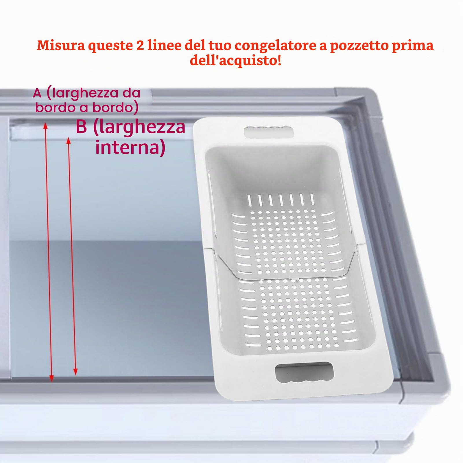 1 Cestello per congelatore, organizer per congelatore a pozzetto con maniglia, cestello espandibile per lavare le verdure, contenitore universale per congelatore(bianco)