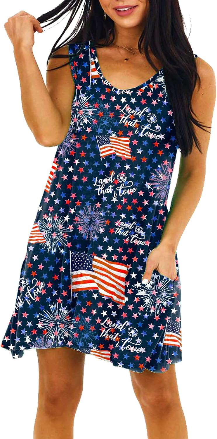 Deerose Women 4th of July Sleeeveless Dress Patriotic V Neck Tank Dresses with Pockets