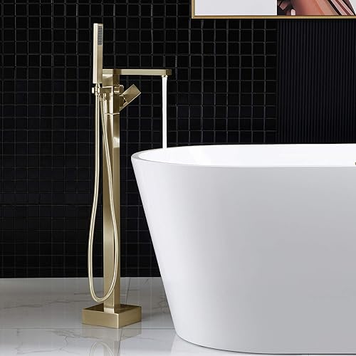 WOODBRIDGE F0008BG Contemporary Single Handle Floor Mount Freestanding Tub Filler Faucet with Hand Shower in Brushed Gold Finish