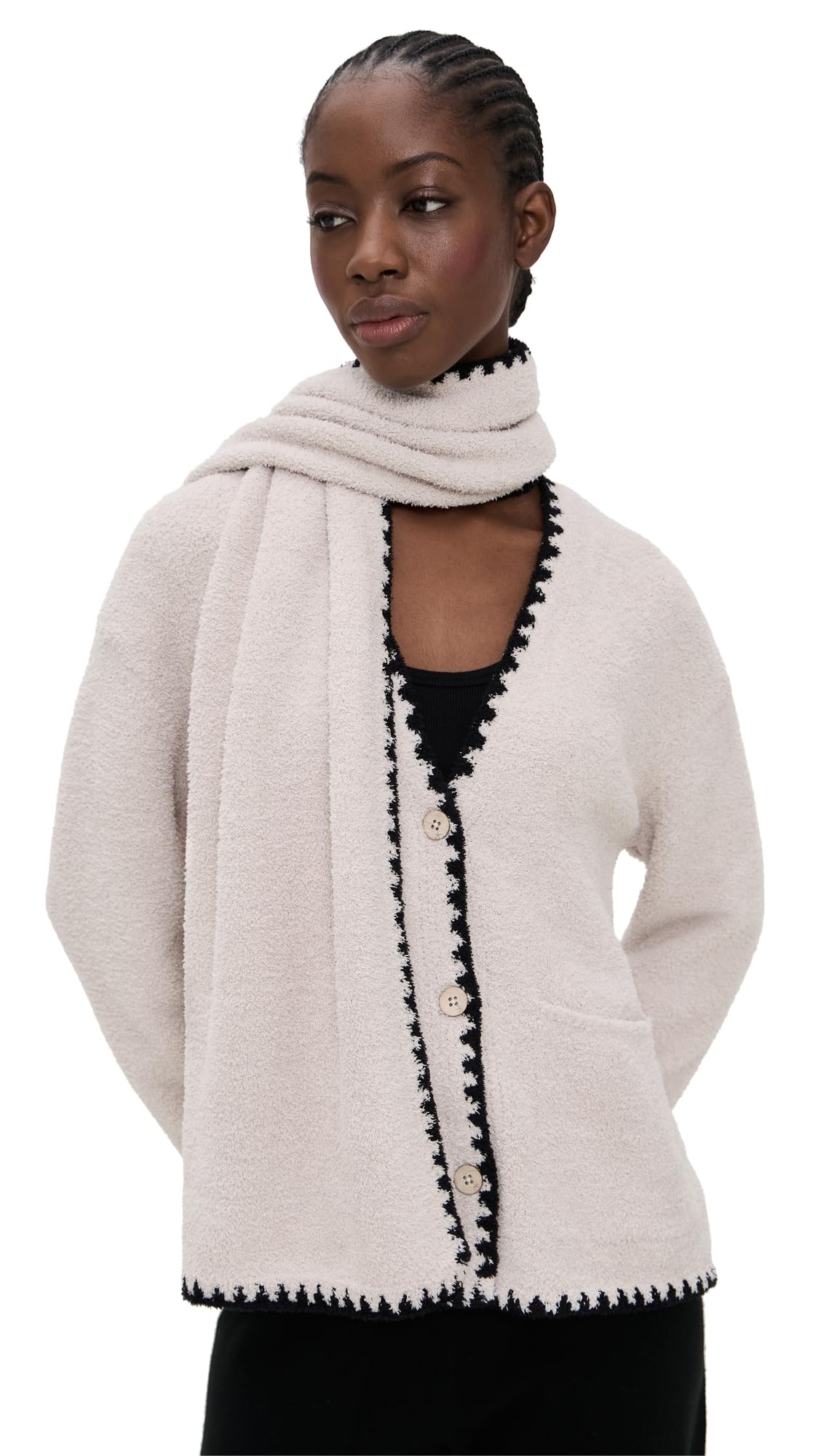 Barefoot Dreams Womens Cozy Chic Blanket Stitch Detachable Scarf Cardigan