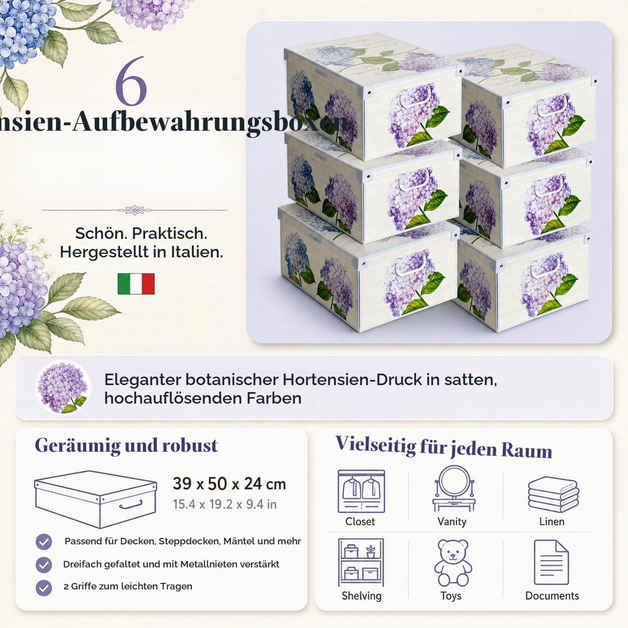 Lavatelli Set aus 6 Aufbewahrungsboxen mit Deckel – Große Kleiderboxen aus Karton 39x50x24 cm – Robust, leicht zu montieren, mit Tragegriffen – Perfekt für Kleiderschrank & Saisonwechsel Hortensien