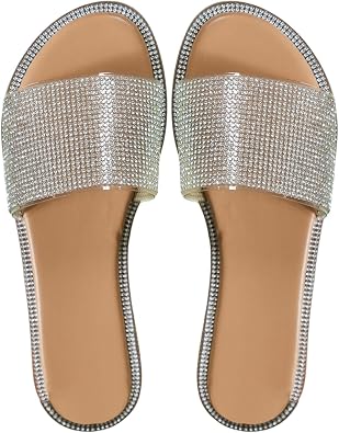 GORGLITTER Womens Dressy Rhinestone Flat Sandals Summer Beach Sparkly Glitter Open Toe Slides Sandals Slipper Shoes