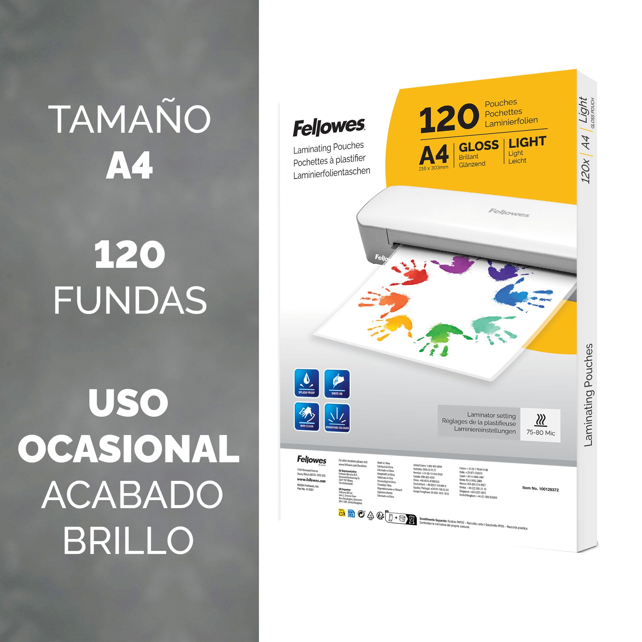 Bundle of Fellowes Sola A4 - Plastificadora de documentos, para uso ocasional, plastificadora A4 con apagado automático, 80-125 micras + Fellowes Pack de 120 fundas de plastificar A4, Acabado brillo
