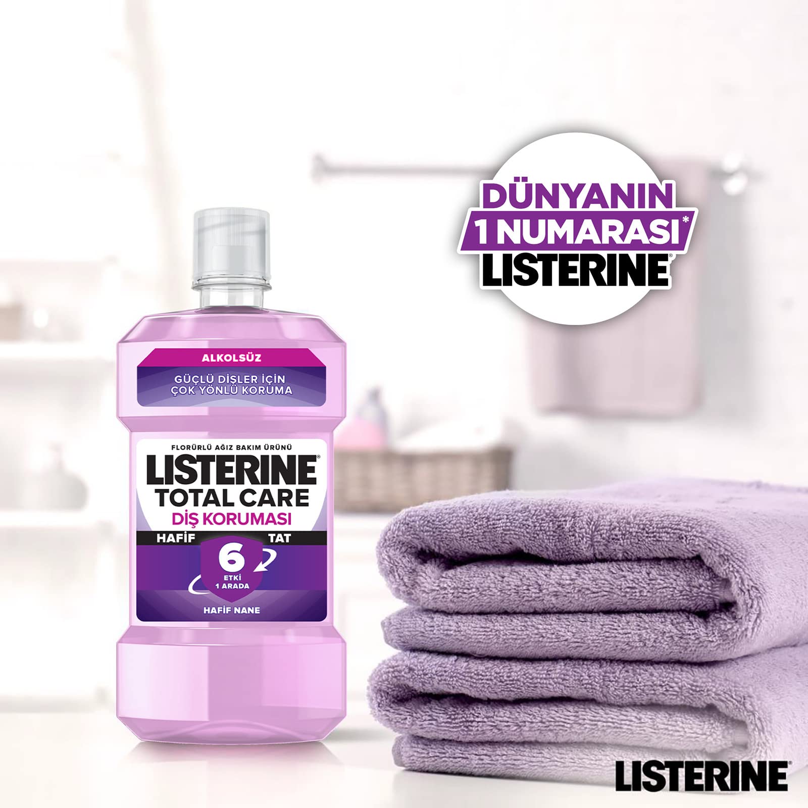 listerine, total care, diş koruyucu, 6 etkili florürlü ağız bakım ürünü, hafif tat, sıfır alkol, nane aromalı, 250ml