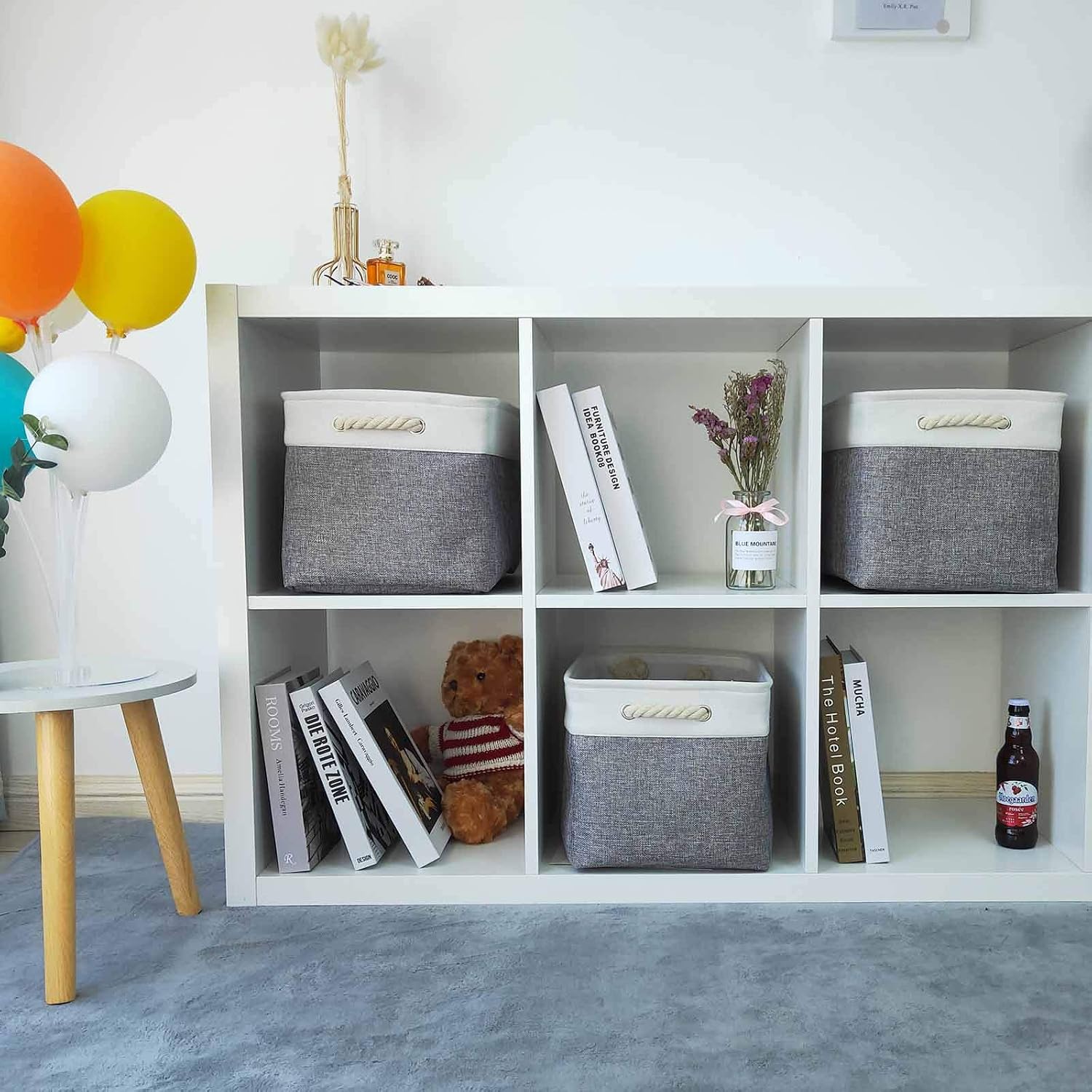 Large Storage Baskets for Shelves [3-Pack] Fabric Baskets for Organizing, Collapsible Storage Bins for Closet, Nursery, Clothes, Toys, Home & Office (15Lx10Wx9H-White&Gray)