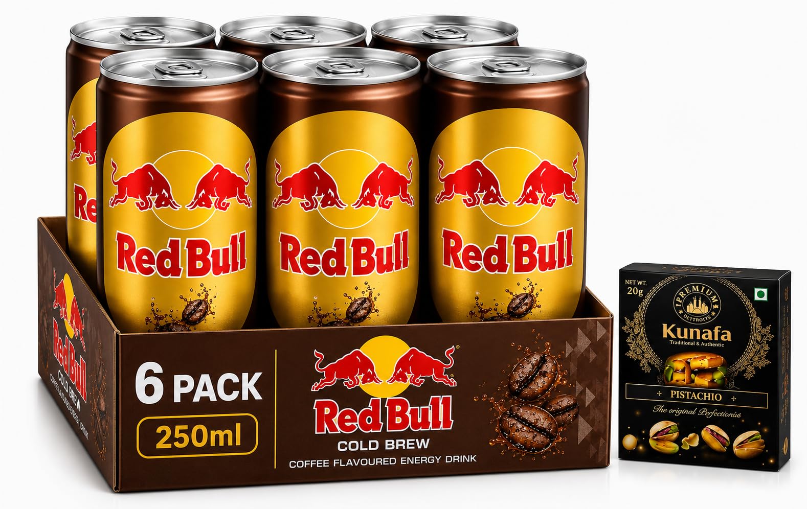 Red Bulls Cold Brew Coffee Flavoured Energy Drink, 250ml, Each Pack of 6 with Free Flavourito Kunafa Pistachio Chocolate Bar, 20g By Decadent Foods-image-15