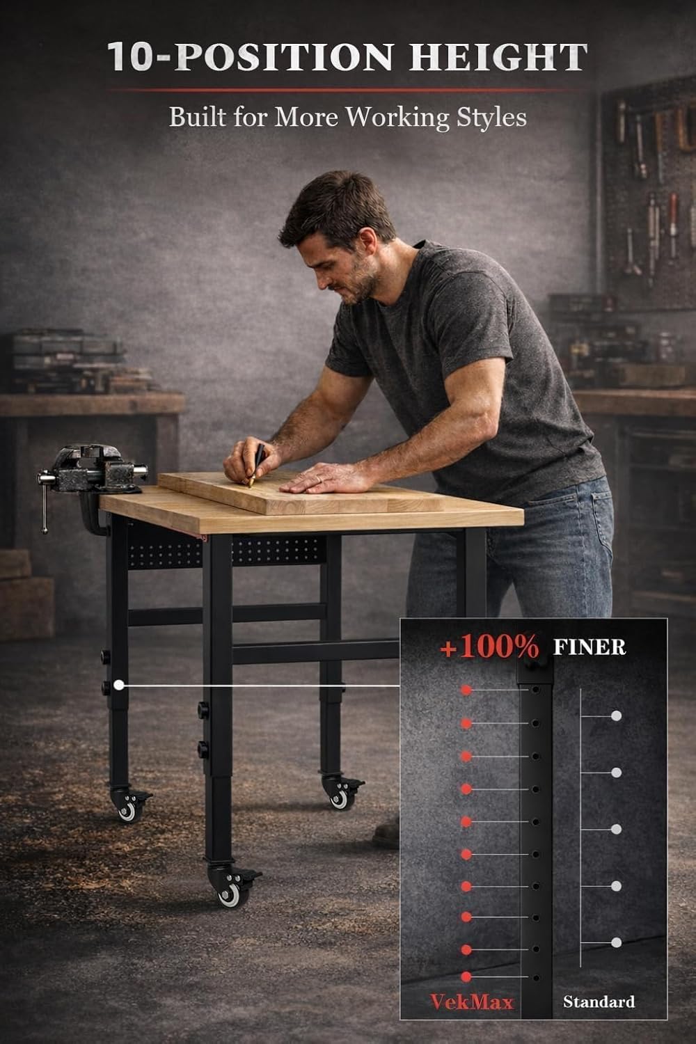48" Workbench with Wheels, Adjustable Height Workbench with Power Strip & Pegboard, 2000LBS Solid Wood Top Work Table with Reinforced Steel Frame for Garage, Workshop, Office, Home