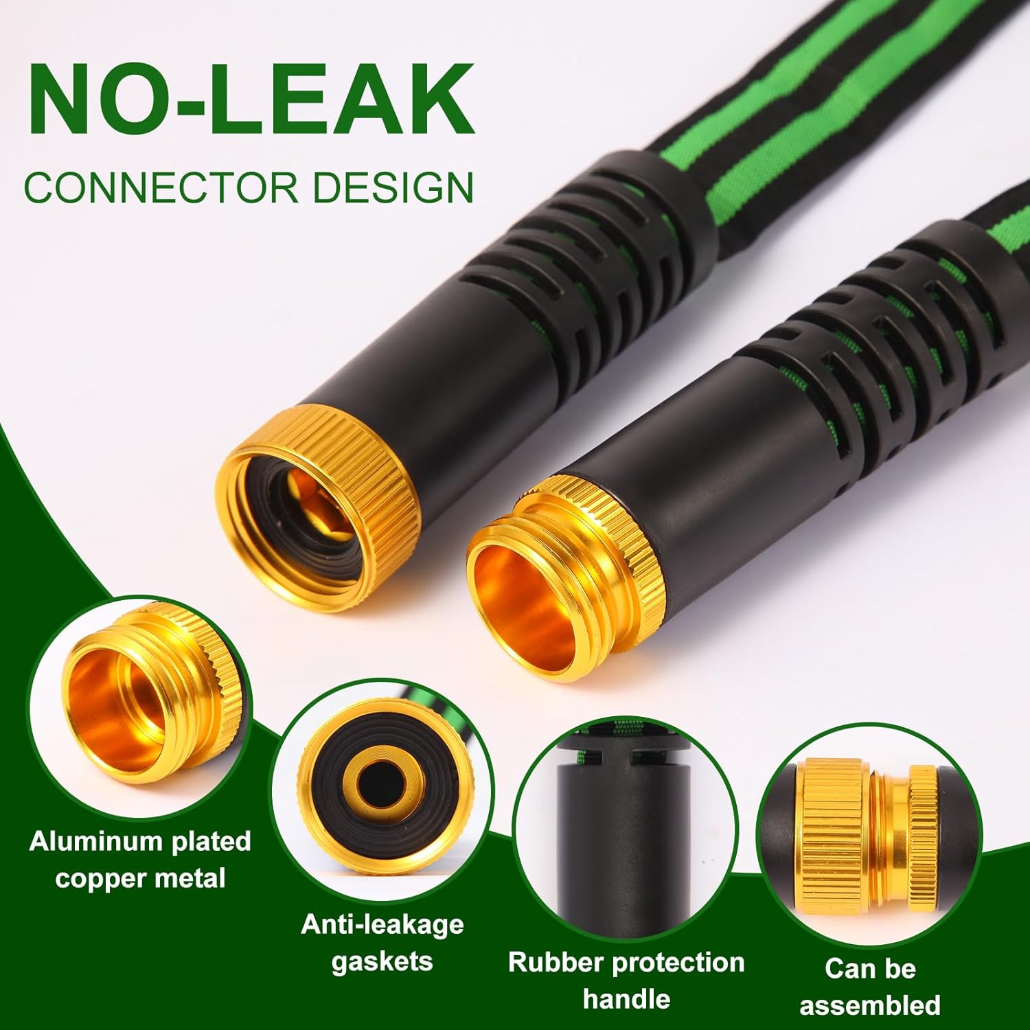 Lightweight non-expandable ultra-flexible garden hose kink-free, burst-proof, easy to store, suitable for outdoor use on courtyard lawns (black green) (50 FT)