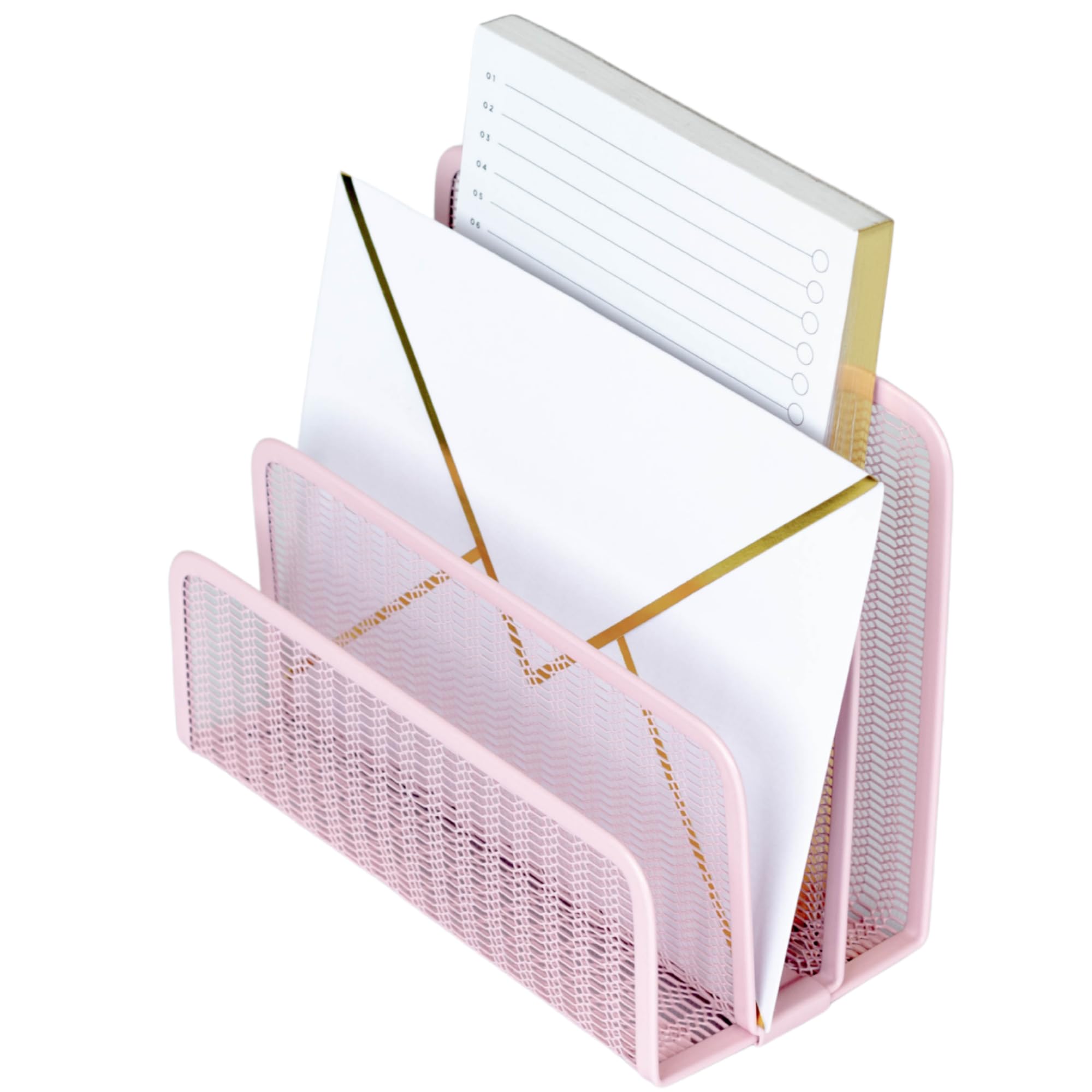 BLU MONACO | Pink Metal Mesh Letter Sorter with 3 Slots | Vertical Mail Organizer for Desk, Office & Home | Stylish Mail Holder for Envelopes,