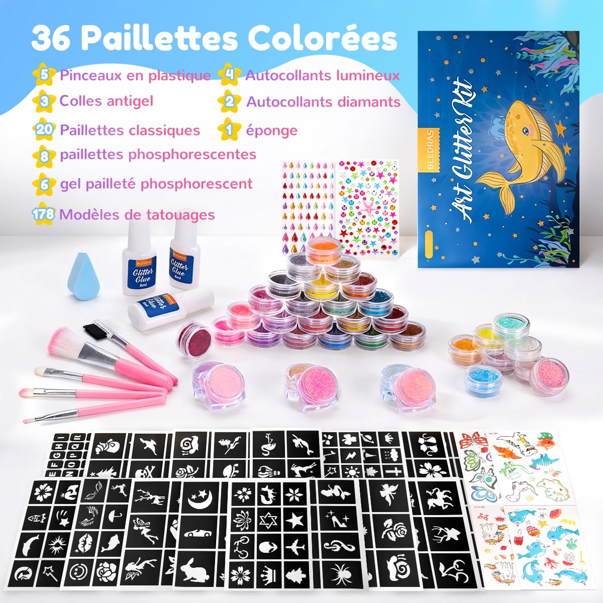 Bledras Kit Tatouage Paillettes Enfant, 36 Couleurs Comprend 6 Couleurs Lumineuse Paillettes Gel, Tatouage Temporaire pour Fête, Halloween, Carnaval, Maquillage Cheveux, Ongles
