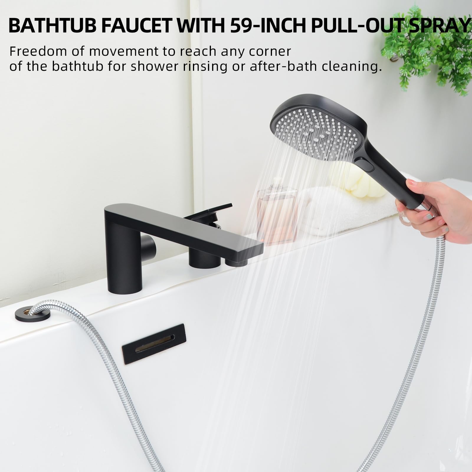PHASAT Grifo para Borde de Bañera de 3 Orificio, Grifo de Bañera con Ducha de Mano y Manguera, Mezclador de Latón para Baño Caliente y Frío Ajustable Negro Mate PTBB20E