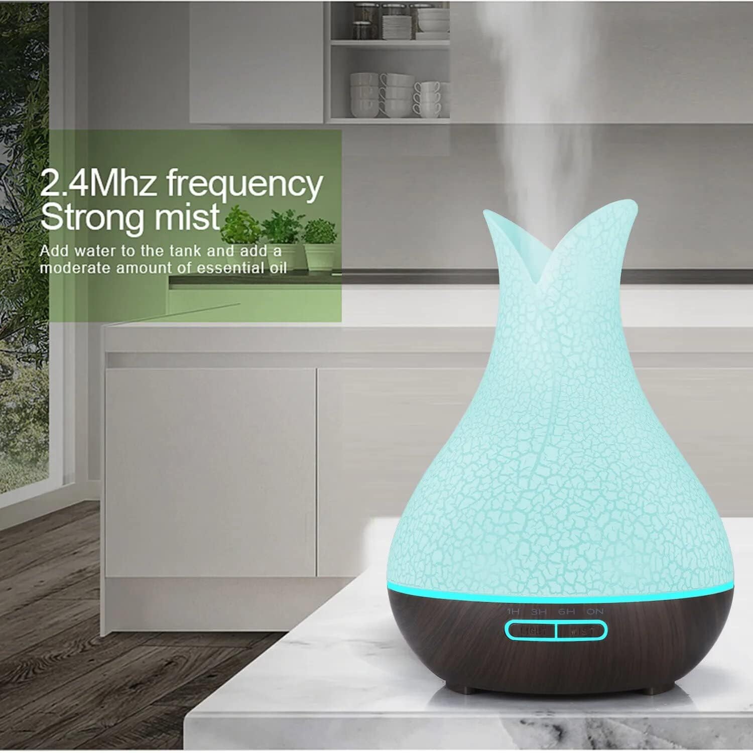 Essential Oil Diffuser, Aromatherapy Diffuser 500ml with Remote Control, 4 Timer & Auto-Off Safety Switch, 7 Color LED Lights Mode, 10 Hours Quiet Humidifier for Bedroom, Office & Home (H.Dark Brown)