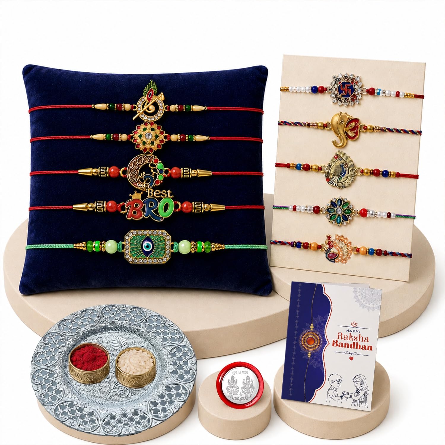 DeoDap Rakhi for Brother Set of 10 with Silver Color Pooja Coin, Multicolor Hanuman, Ganpati, OM Gold Rakhi (K10_MC2_BS32)-image-13